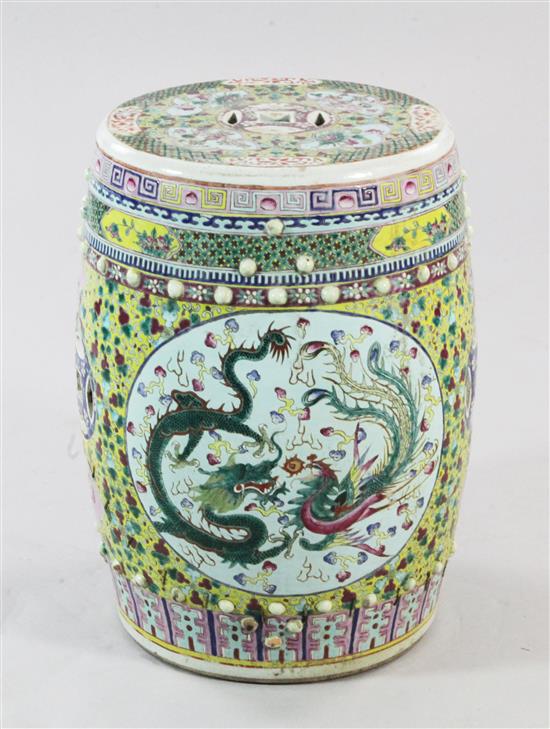 A Chinese famille rose barrel shaped garden seat, early 20th century, 47.5cm, repaired